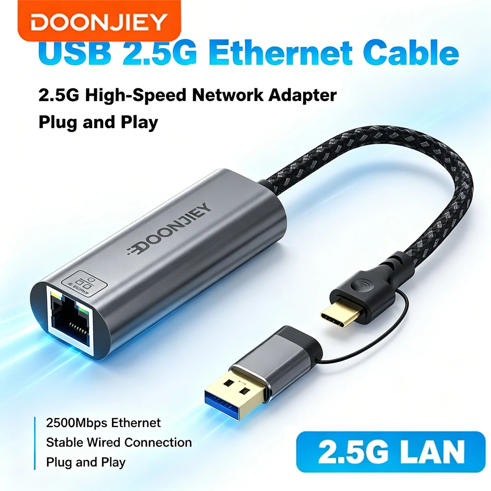 Adaptateur Ethernet USB C DOONJIEY 2.5G 2 en 1, carte réseau USB 3.0 vers USB RJ45 Lan pour ordinateur portable MacBook, carte réseau Gigabit