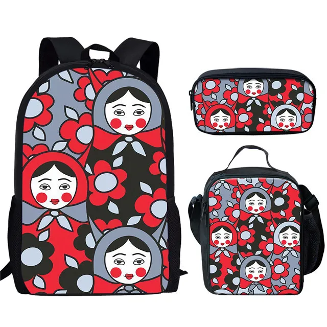 Tas sekolah siswa motif 3D, boneka Rusia lucu kreatif, gambar 3D 3 buah/set dengan tas makan siang, tas pensil harian Remaja anak-anak ransel kasual