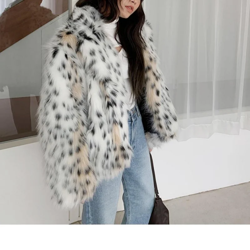 Chaqueta de piel peluda con cuello con muescas para mujer, ropa de abrigo corta de piel sintética, peluda, Tuscan, gato, leopardo, manga larga, Invierno