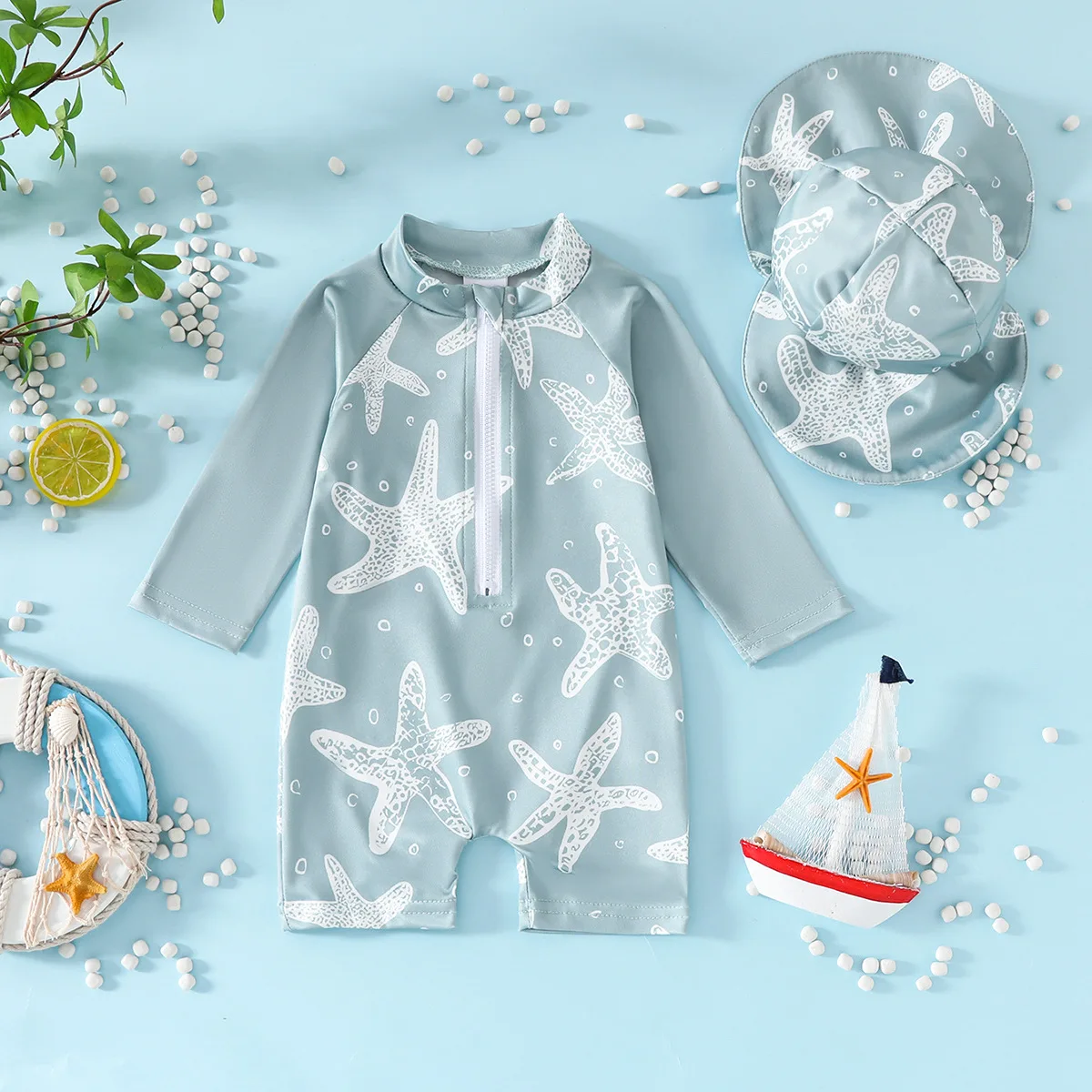 2PCS Toddler Boys Rash Guard Swimsuit Long Sleeve Starfish Stripe Printed Infant Bathing Suit Swimwear with Swim Caps Beachwear