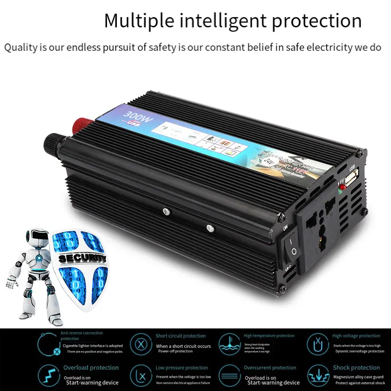 Pure Sine Wave Inverter 12v/24v to 220v Suitable for Small Cars and Trucks 300W High Power with USB Interface and Power Socket