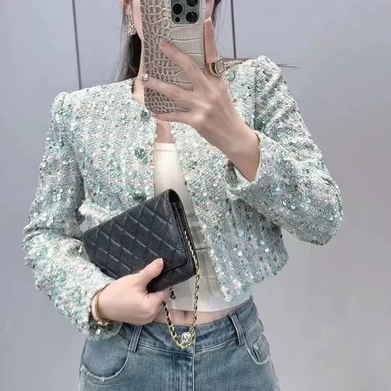 High street 2024 New Fashion Fall Winter Women Long Sleeve single breasted Lurex Sequins braid Tweed Casual  Jacket