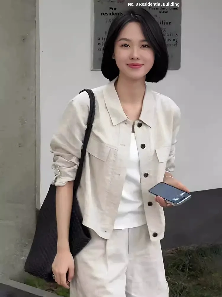 

Loose Women's Short Shirt Jacket Summer Open Cardigan Top Sun Protection French Style Splicing Casual Pure Color Buttoned