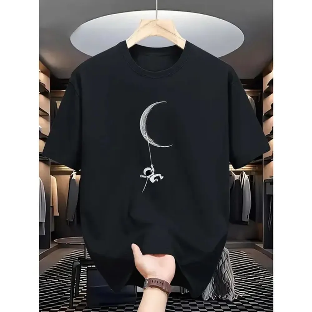 Fashion TrendsMen's Astronaut & Moon Pattern T-Shirt - Casual Summer Crew Neck Short Sleeve Shirt Soft Polyester Blend Machine Washable Comfortable Fit
