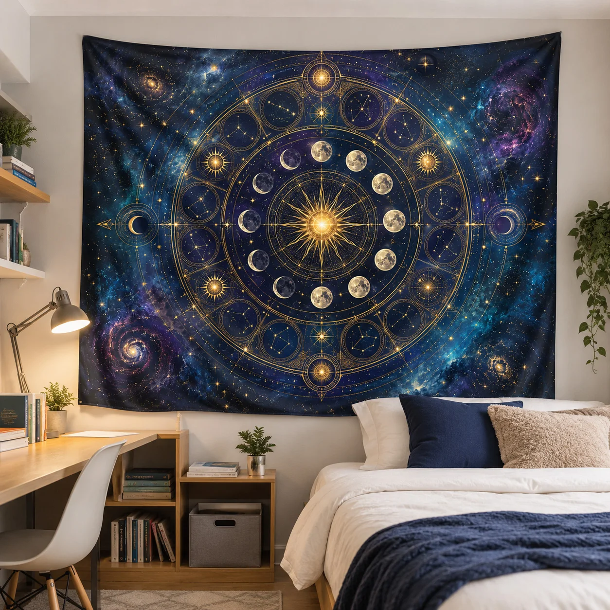 Celestial Moon Phase Wall Tapestry Astrology Galaxy Starry Sky Hanging Decor for Dorm Bedroom Gaming Room