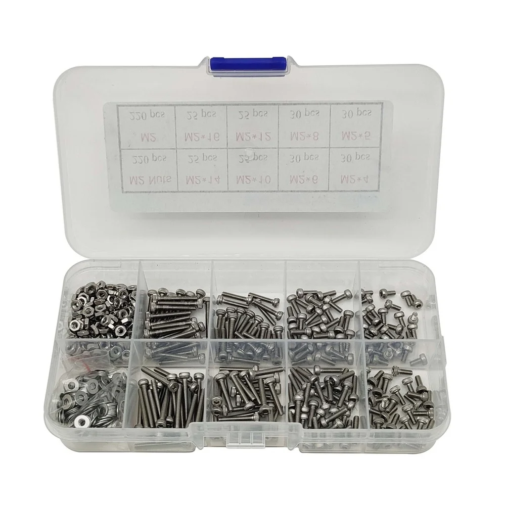 660pcs Hex Socket Screw Matching Nuts Flat Washers 304 Stainless Steel 2mm Hex Socket Head Cap Screws With Portable Storage Box