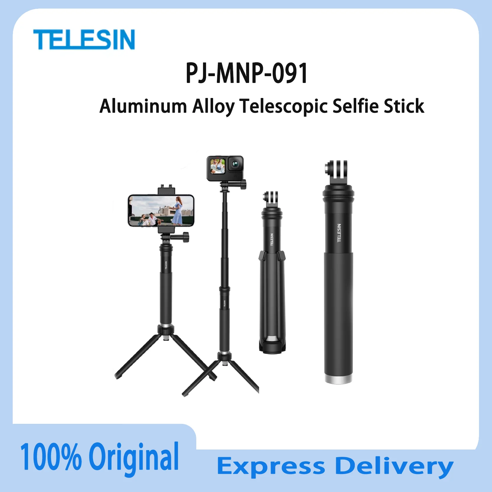 

Original TELESIN Aluminum Alloy Extendable Selfie Stick For GoPro DJI Insta360 Action Cameras Foldable Compact Lightweight
