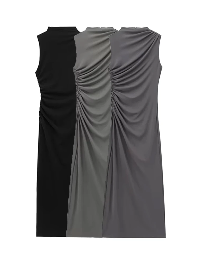 Frauen Mode Drapierte Midi Kleid Oansatz Ärmellose Elegante Weibliche Vestidos Solde für Casual Party Tragen