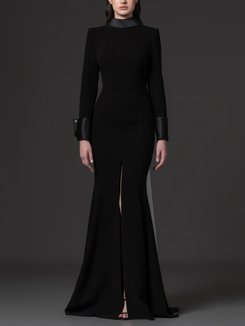Modphy Women'S Autumn Backless Black White Contrasting Color Maxi Dress Long Sleeves Lady Elegant Gown For Formal Evening Party