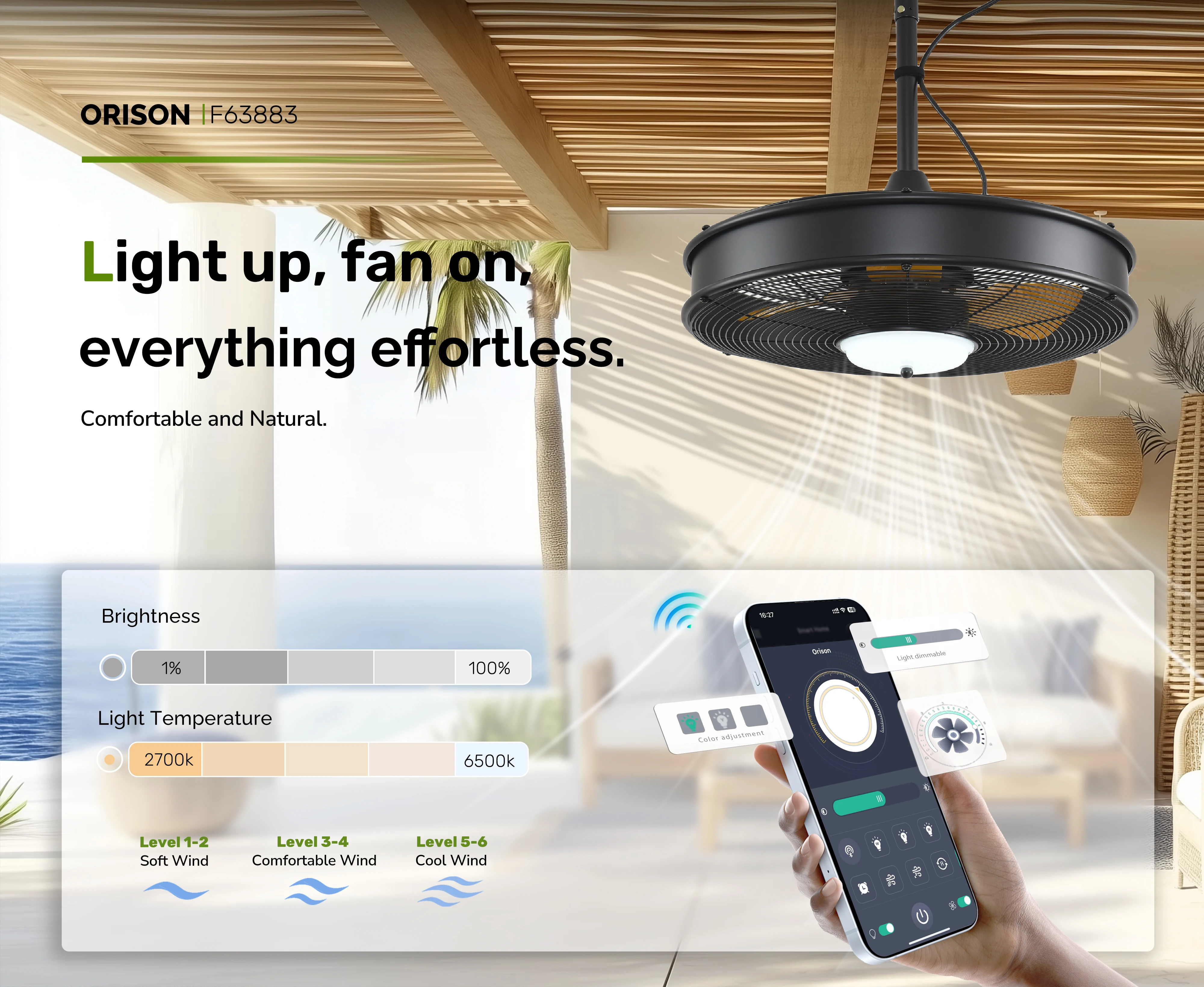 Orison 22'' Outdoor Ceiling Fans with Lights, Wet Rated Gazebo Fan with Remote, Plug in Hanging Fan for Patio Waterproof, App Controll