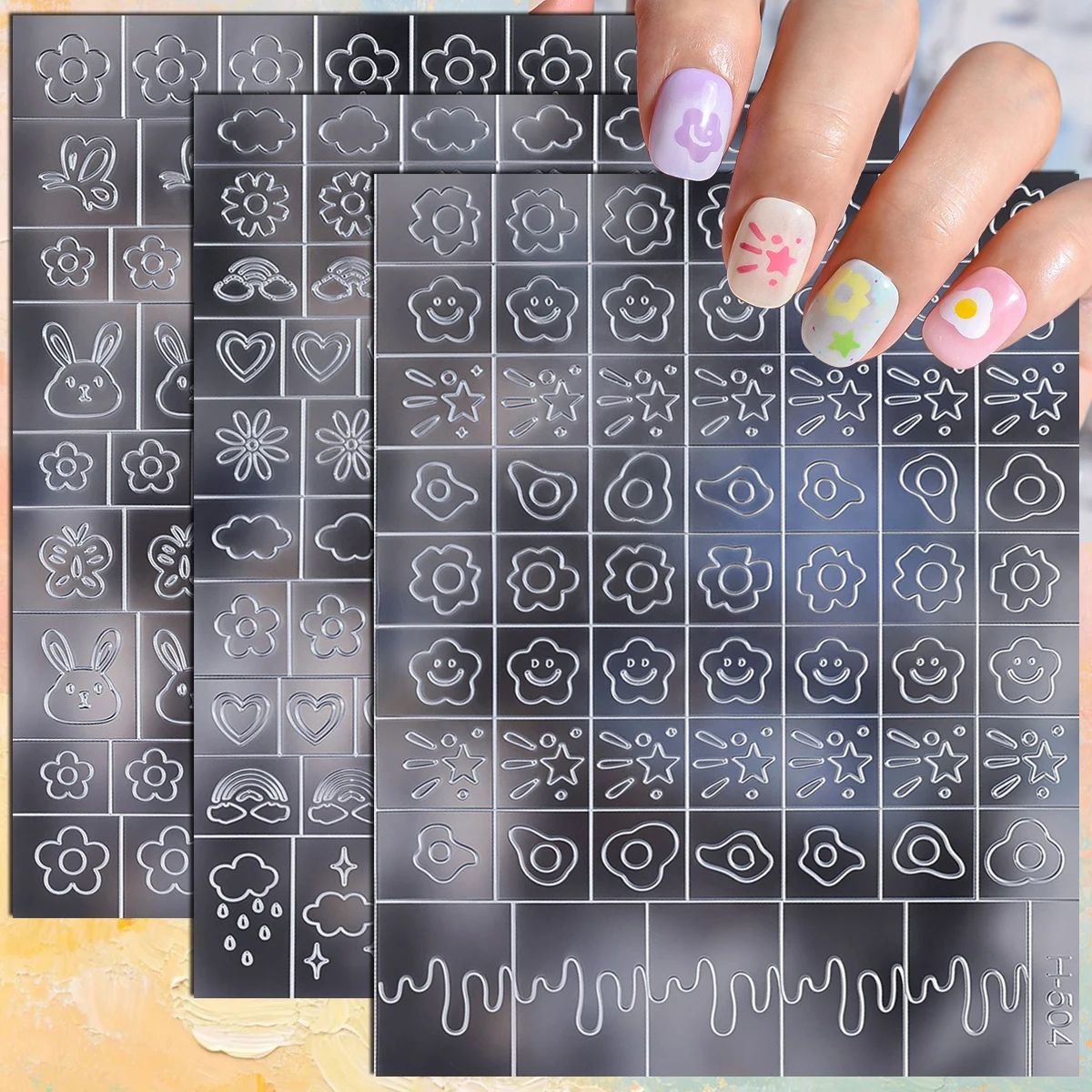 3/6/12 Sheets Cute Bunny Cloud Flower Smiley Hollow Airbrush Stencils French Tip Guide Templates DIY Nail Art Stickers