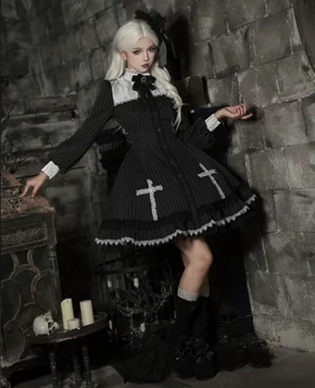 Personalized Gothic Autumn Stripe Long Sleeve Ruffles Stand Collar Dark Dress Girl Fashion High Waist A-line Princess Dresses