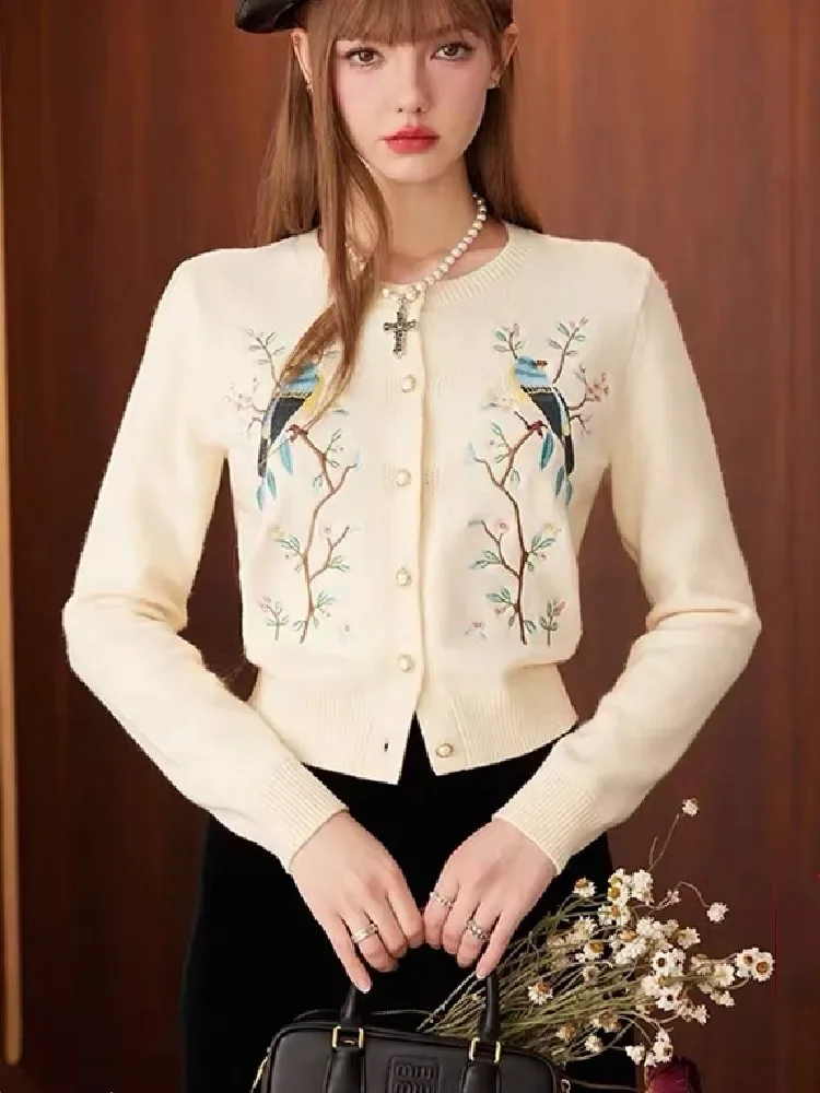 2024 Spring Autumn Flower Bird Embroidery Knitted Cardigan Women Vintage O-Neck Long Sleeve Sweater Mujer Knitwear Tops Jumper