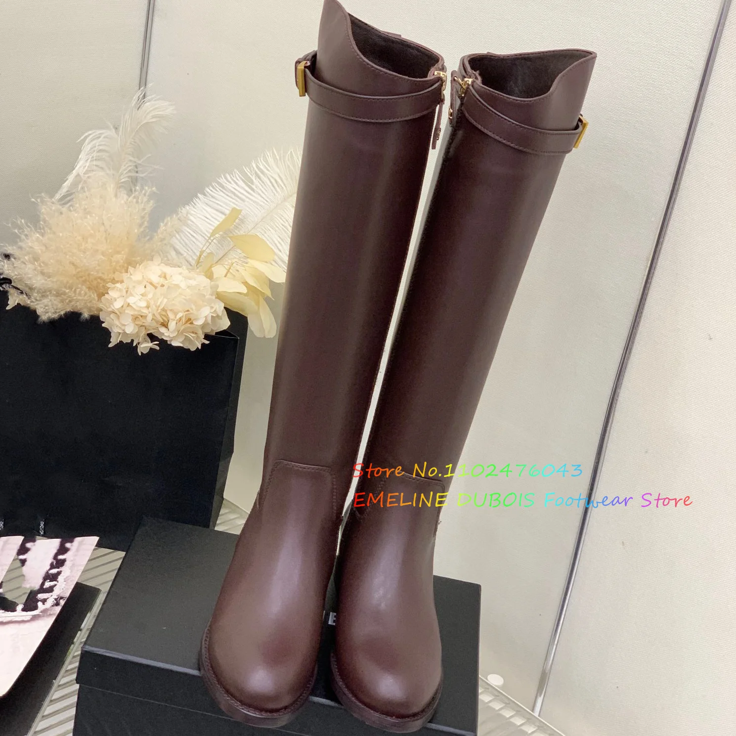 New Thick Heel Knee High Boots Women Round Toe Low Heel Side Zipper Beilt Buckle Strap High Barrel Boots Ladies Slender boots