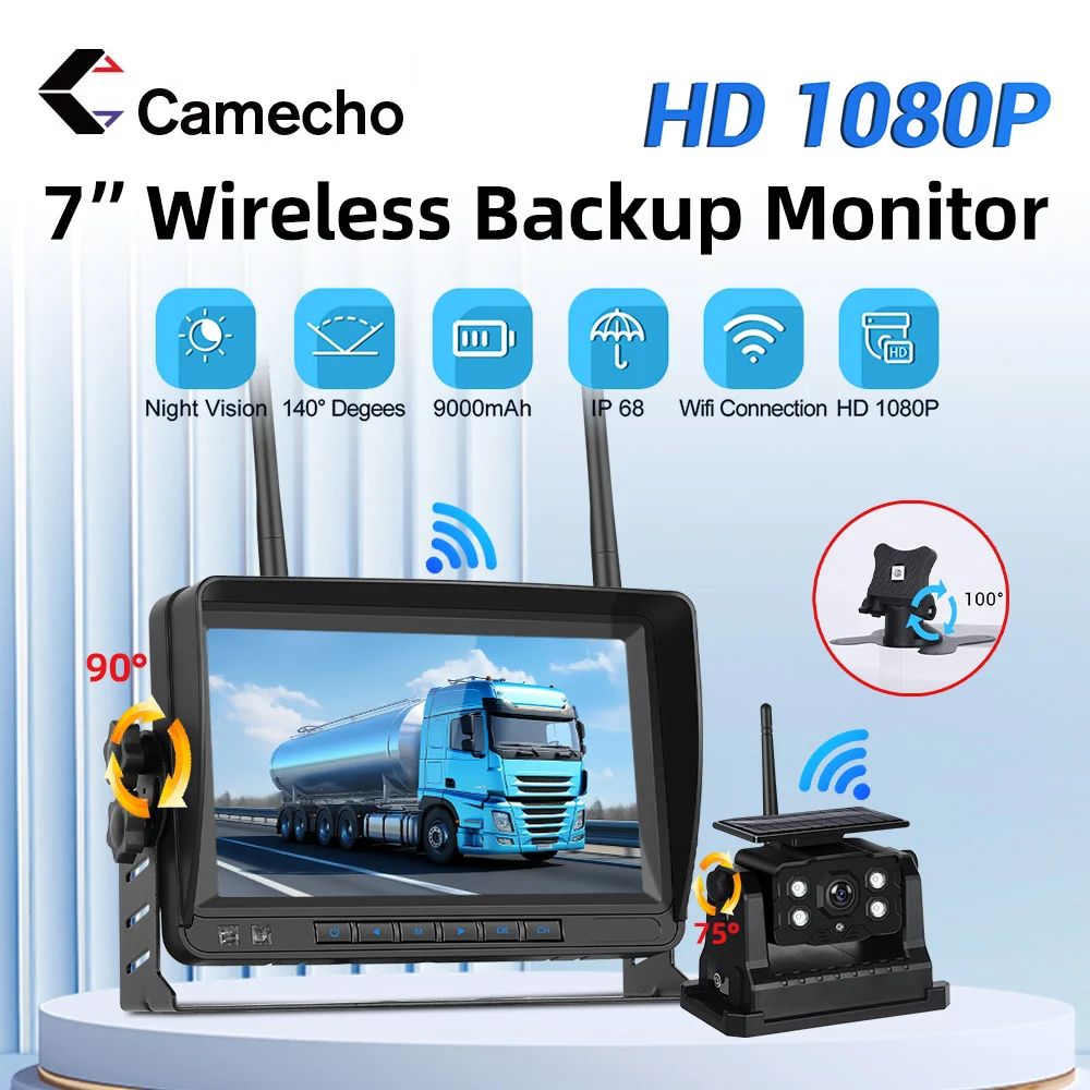 Camecho 7 ips Auto monitor drahtlose Solar-Rückfahr kamera mit Aufnahme funktion 1080p Rückfahr