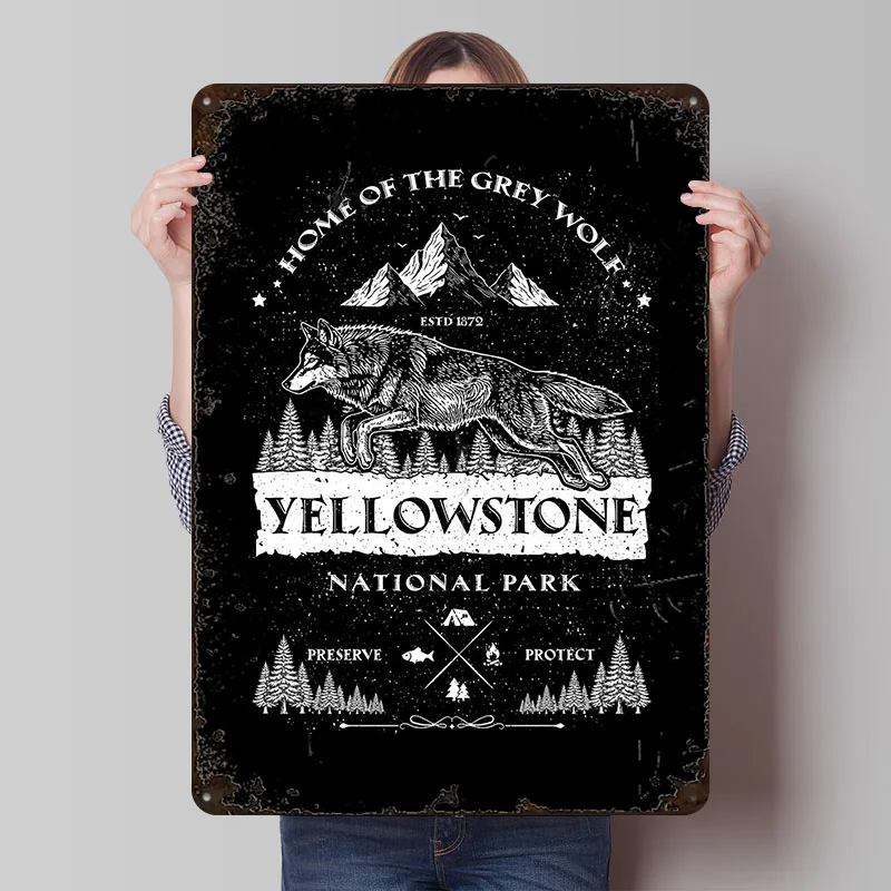 Yellowstone National Park Wolf Emblem Tinplate Poster Custom Wall Art Vintage Metal Signs Retro Tin Plaque for Decor Room Home