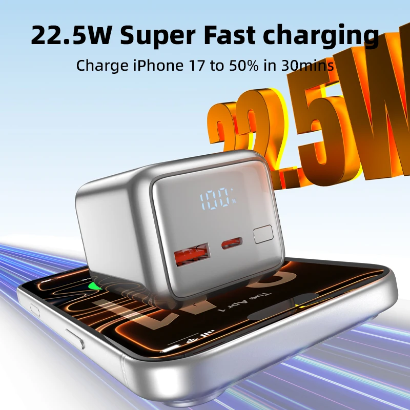 10000mAh Power Bank 22.5W PD Fast Charging Portable Charger Built-in USB-C Cable External Battery Pack for iPhone Xiaomi Samsung