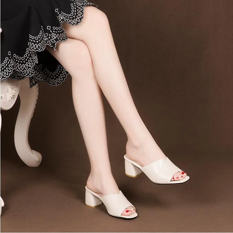 Sexy Rhinestone Summer Women Mules Slipers 2023 Block High Heels Fish Mouth Ladies Solid Color Sandals Elegant Ladies Slides New