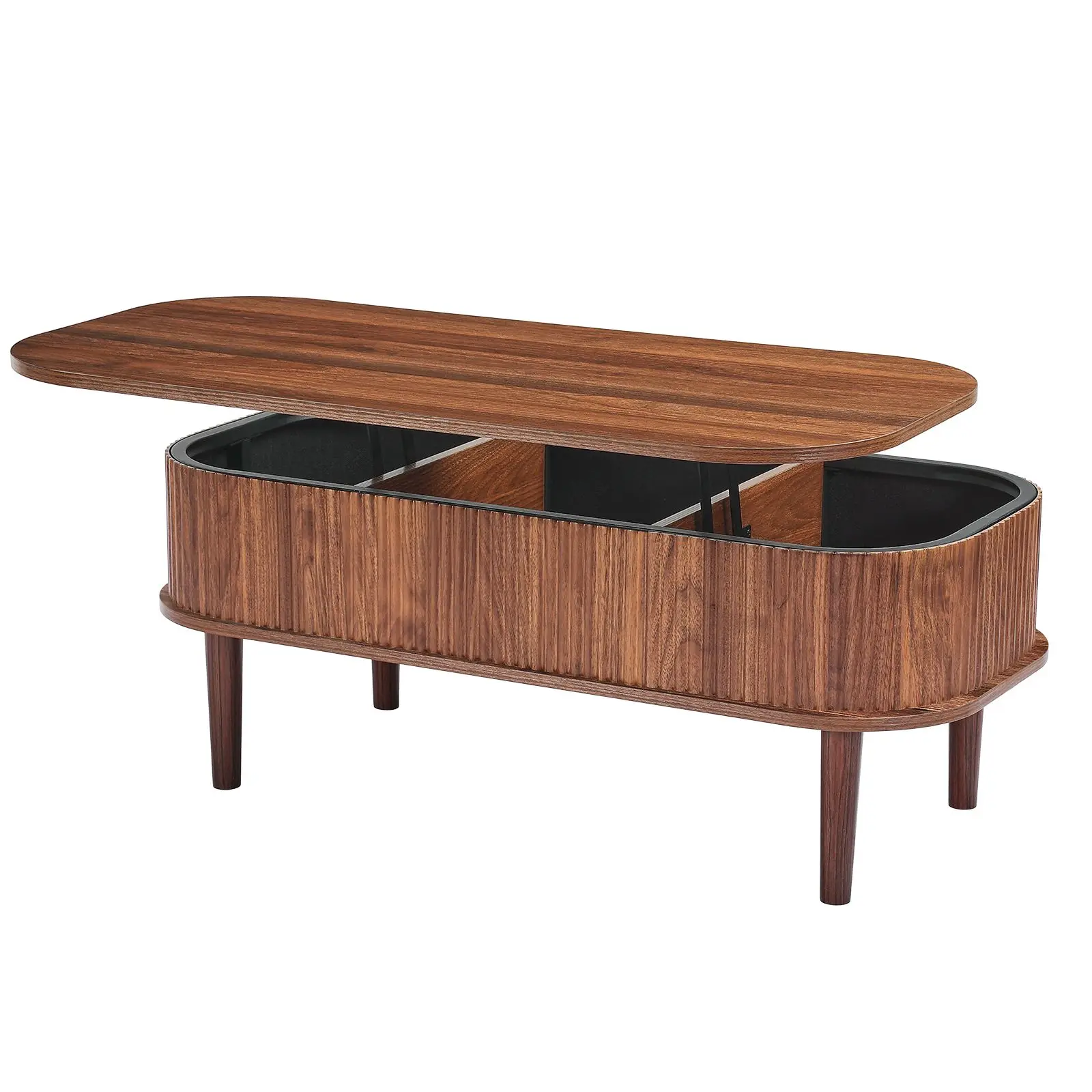 39.4 in Lift Top Coffee Table, Fluted Oval Coffee Table with 3 Hidden Compartment, Mid Century Wooden Oval Center Desk with Stor
