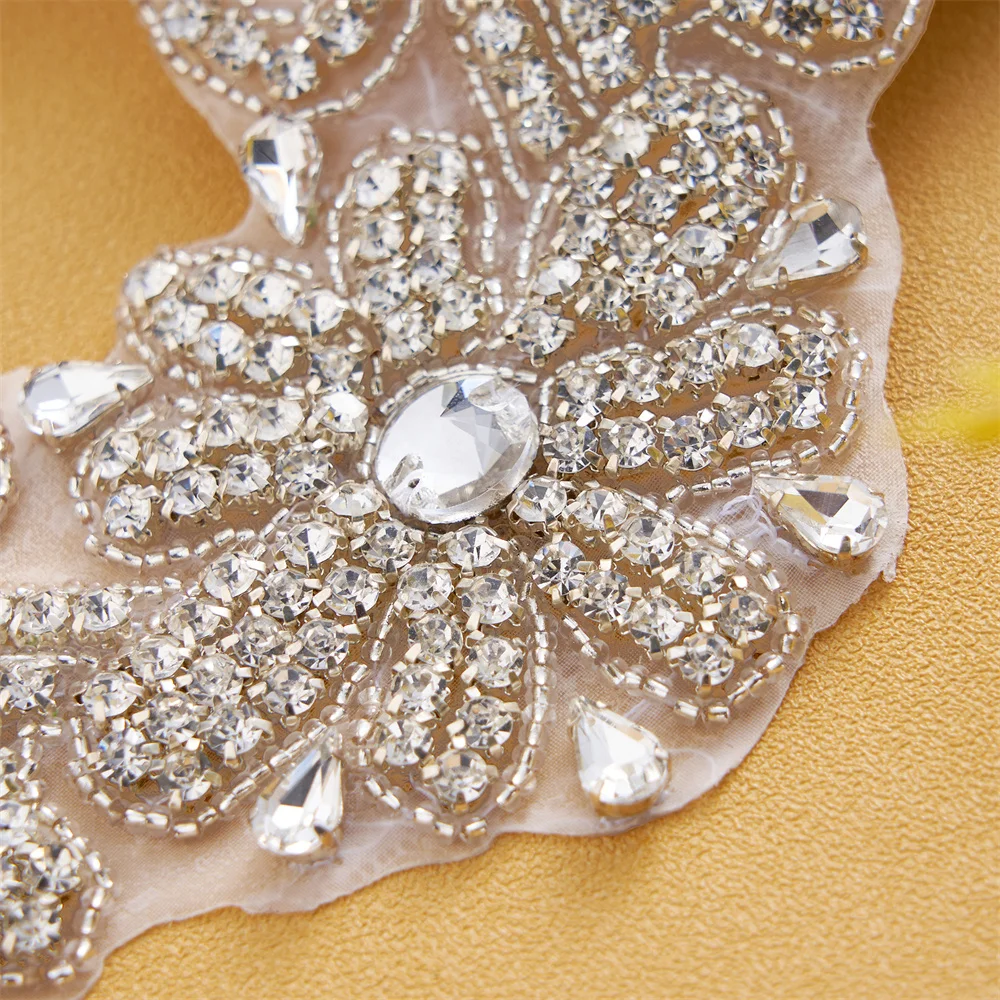 FZD 1 Piece Clear Flower Rhinestones Applique Wedding Beaded Crystal Oval Patches Sew On Bridal Motif Hotfix Appliques Patches