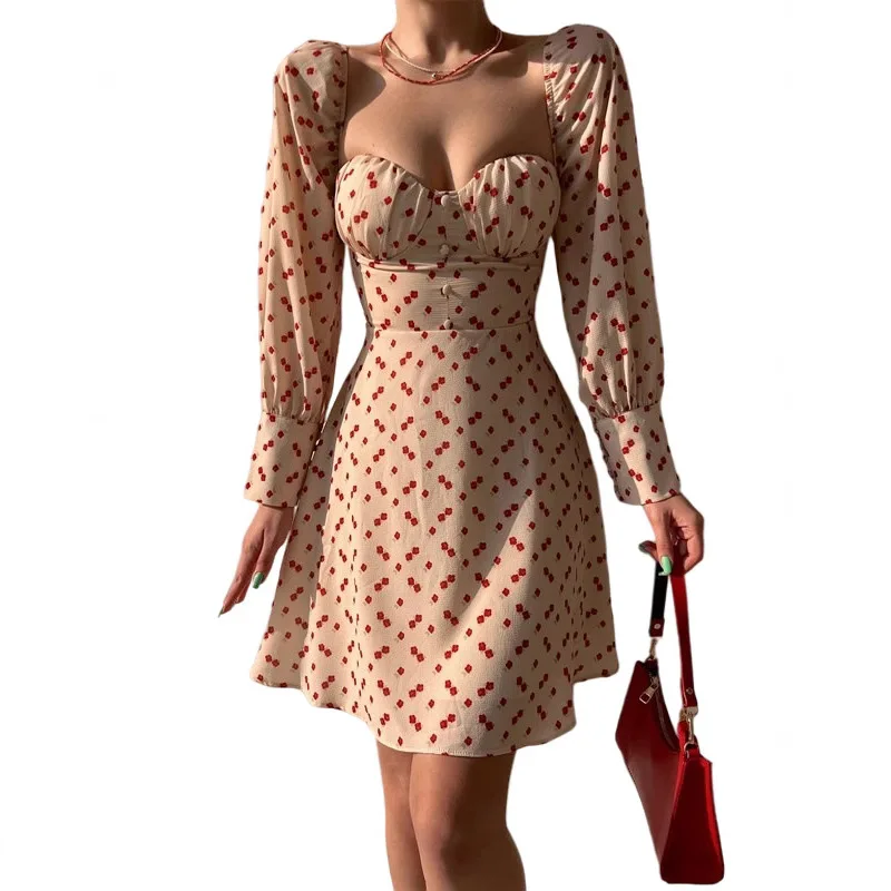 فستان نسائي جديد للربيع والصيف على شكل زهرة فرنسية بقصة منخفضة ورقبة مربعة وحزام خلفي فستان على شكل حرف A 288