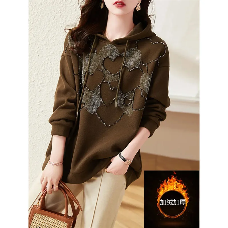 

Love Beaded Hooded Sweater Pullover Women's Autumn Winter 2024 New Plus-Size Loose Long-Sleeved Top Fashion Brown Hoodies Female