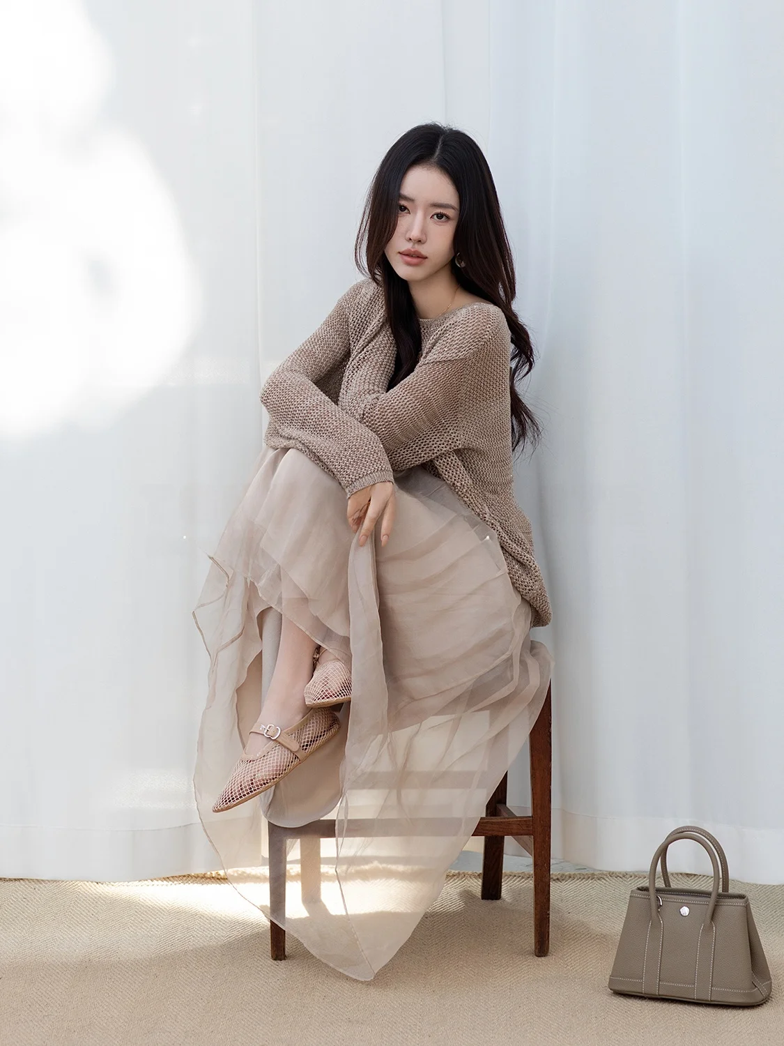 

Touchin Haute Loose Knitted Sweater Silk Organza Hollow out Half Skirt Set Women's Spring Fashion Loose Fit Long Sleeve round...
