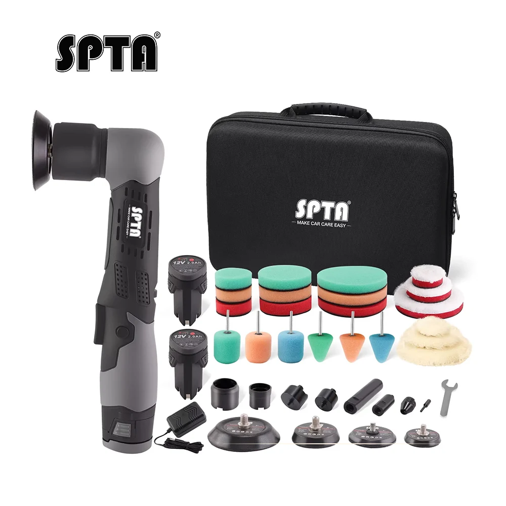 SPTA Cordless Mini Car Polisher Set,12V Brushless RO/DA Micro Scratches Killer with 1/2/3 Inch Detailing Pads Kit & 2 Batteries