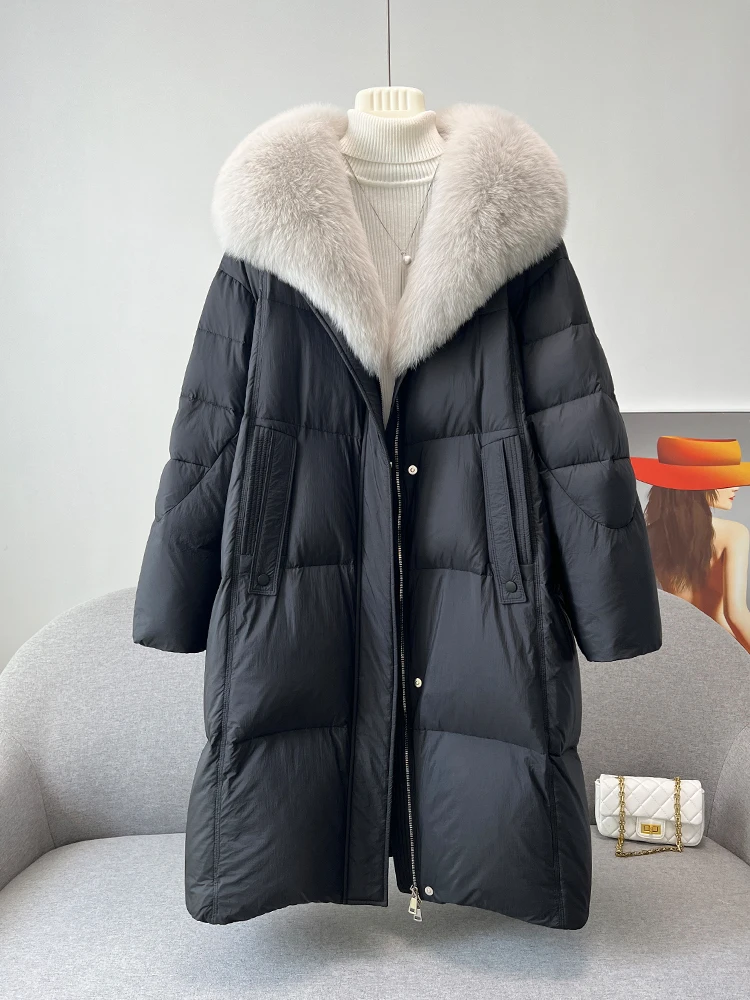 

Fox Fur Collar Loose Medium and Long Thickened Goose Down Jacket Fur Coat for Women