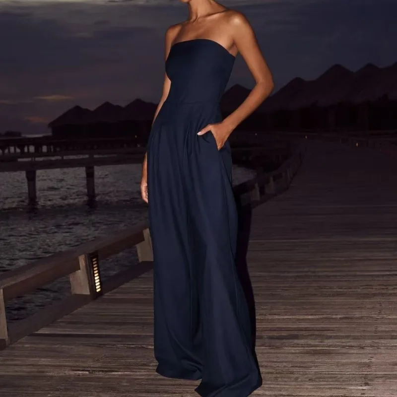 

Повседневный женский комбинезон с эластичной резинкой на талии, без рукавов, с открытой спиной, с широкими штанинами, однотонный плиссированный комбинезон без бретелек, новые летние шикарные женские комбинезоны