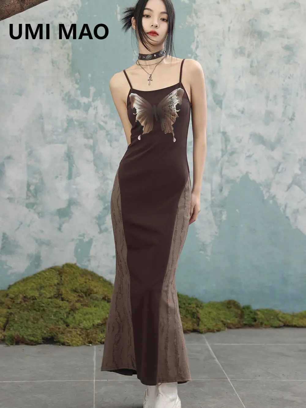

UMI MAO Retro Butterfly Print Fishtail Dresses Women's New Chinese Maillard Slim Fit Slim Strap Dress Elegant Femme