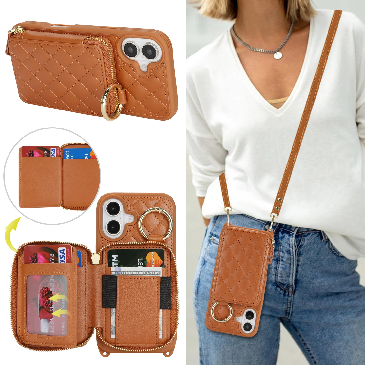 

Кожаный флип-чехол для телефона с картами через плечо Solt Wallet для iPhone 17 Pro Max 16 Plus 15, 14, 13, 12, 11, противоскользящий чехол на молнии с кольцом