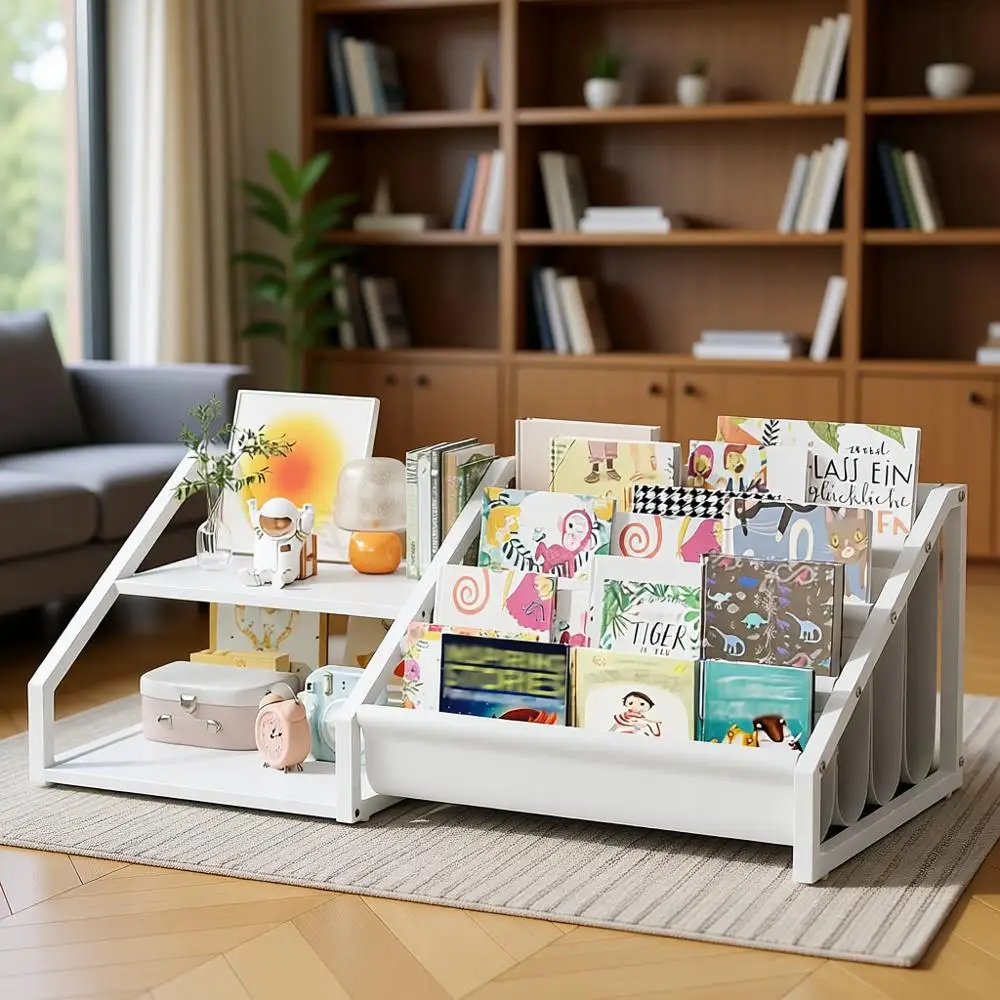 

Мебель для детской комнаты: белая деревянная книжная полка с 2 открытыми полками и 4-уровневой стойкой для детской, игровой комнаты и спальни.