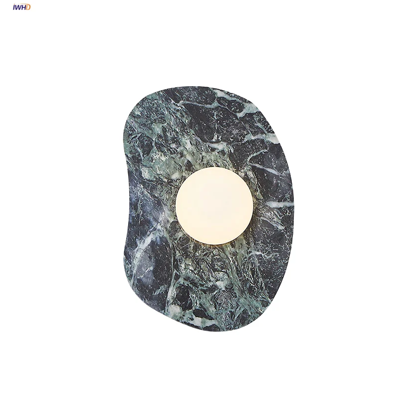 

IWHD White Glass LED Wall Light Fixture Aisle Hallway Balcony Wabi Sabi Green Marble Stone Bedroom Bedside Lamp Sconce Lighting