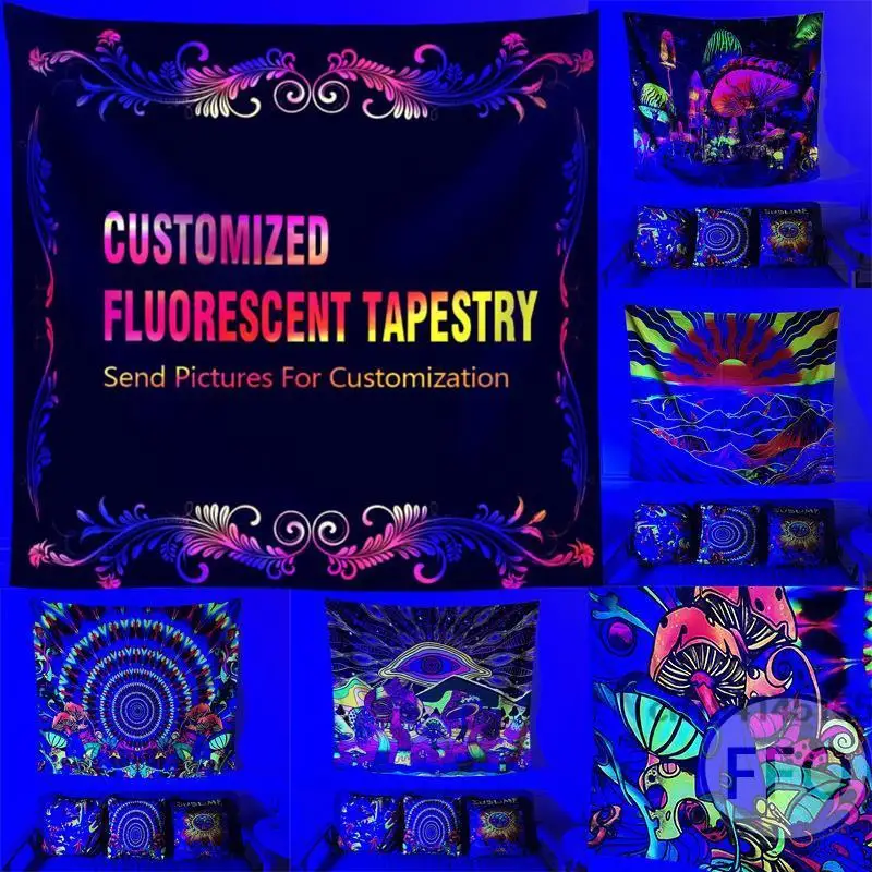 Custom Blacklight Tapestry UV Reactive Trippy Hippie Black Light Tapestry Aesthetic Wall Decor Neon Tapestries Party Backdrops