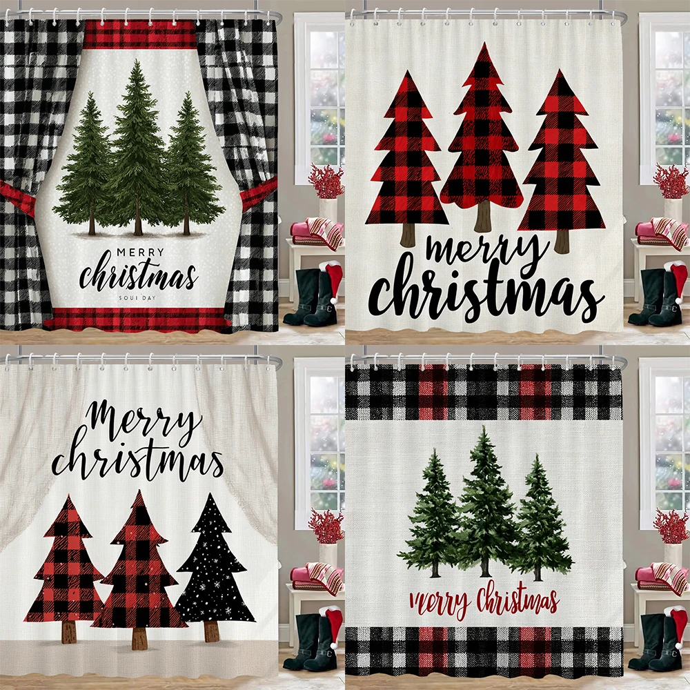 

Christmas Tree Bathing Curtain Shower Curtain, Bathroom Decorative Shower Curtain, home decor Christmas Curtain with Hooks