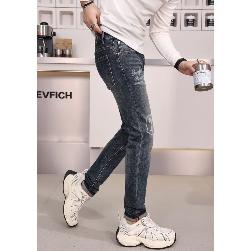 Fashion Printing 2024 Autumn and Winter New Men\'s Jeans Men\'s High-End Street Trend Slim Fit Tapered Casual Pants