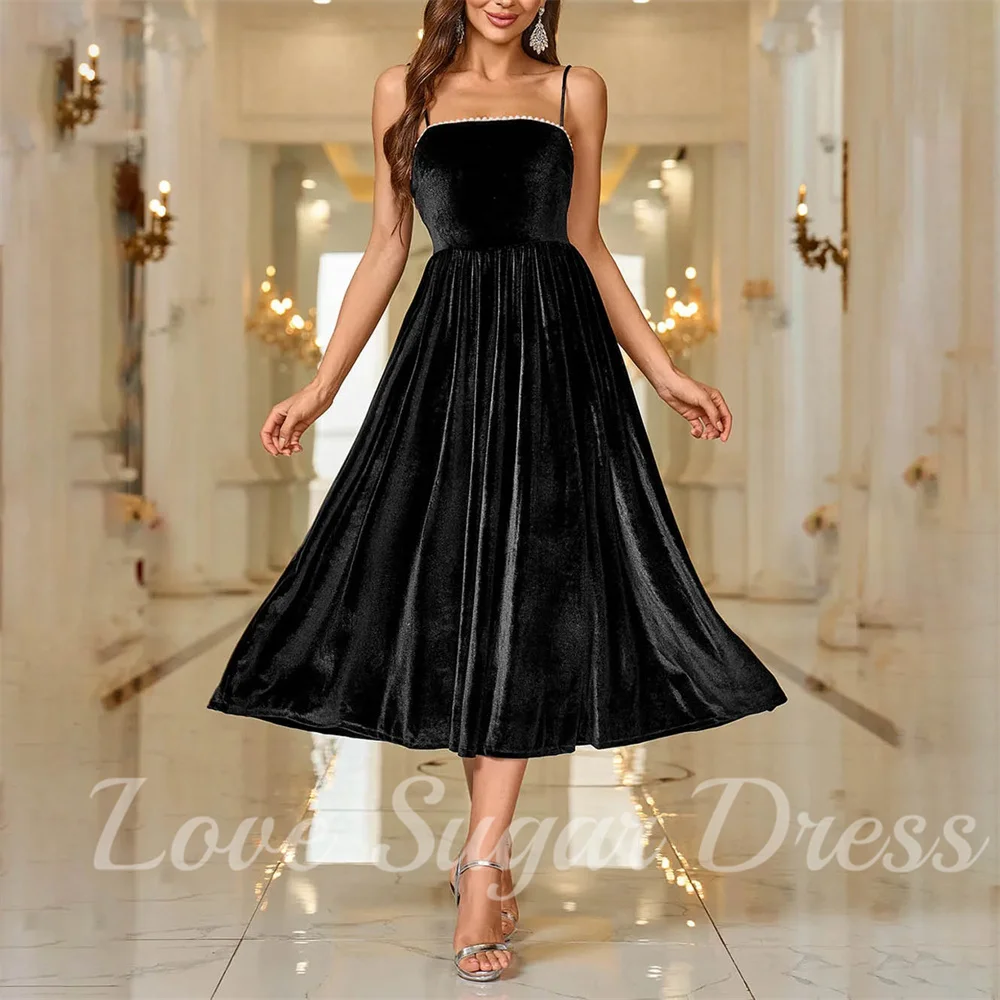 

Black Velvet Evening Dresses For Women Spaghetti Strap Pearls Prom Dress A Line Tea Lengrh Formal Party Gowns robes de cocktail