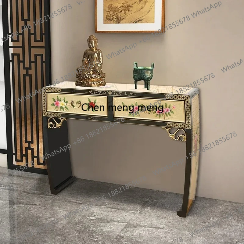 

New Chinese style semi-round hand-painted entrance table, solid wood drawer, entrance cabinet against the wall