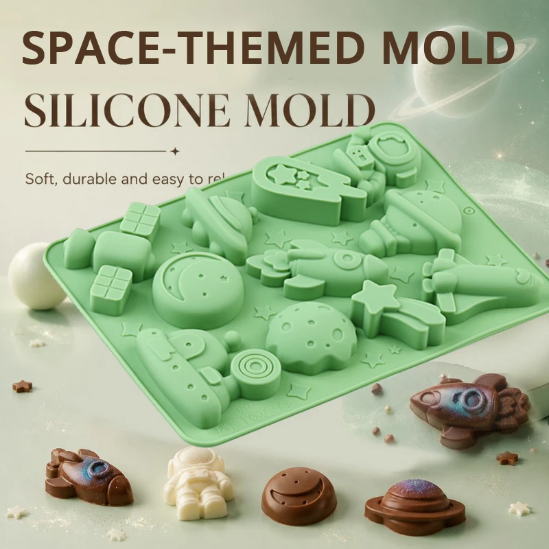 Luft- und Raumfahrt-Themen-Silikonbackform, hergestellt aus lebensmittelechtem Silikon, antihaftbeschichtet und leicht zu entformen, kann zur Herstellung von Schokoladen, Süßigkeiten, Kuchendekorationen, Cupcakes und anderen Backwaren in den Formen von Raketen, Astronauten, Flugzeugen usw. verwendet werden., geeignet für Anfänger und zum Backen zu Hause – Detail 3