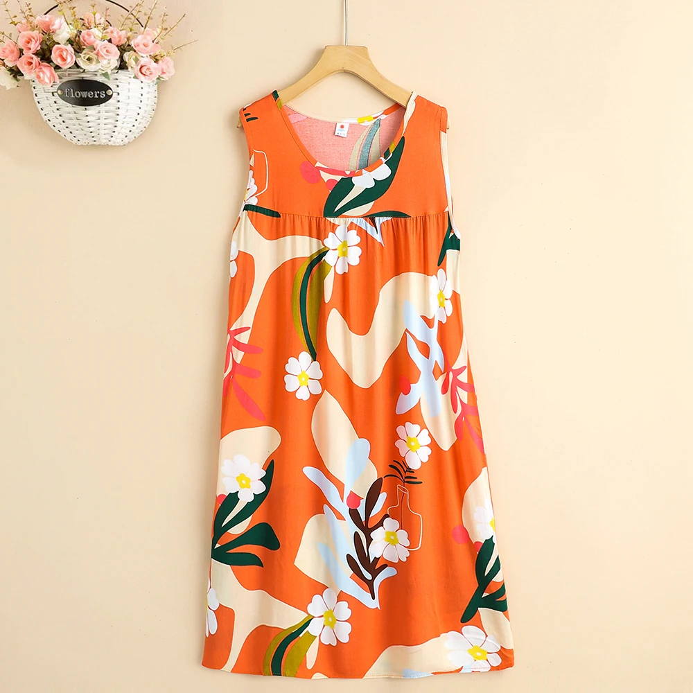 New 2023 Women Summer Print Flowers Nightdress Casual O-neck Sleeveless FashionVintage Dresses