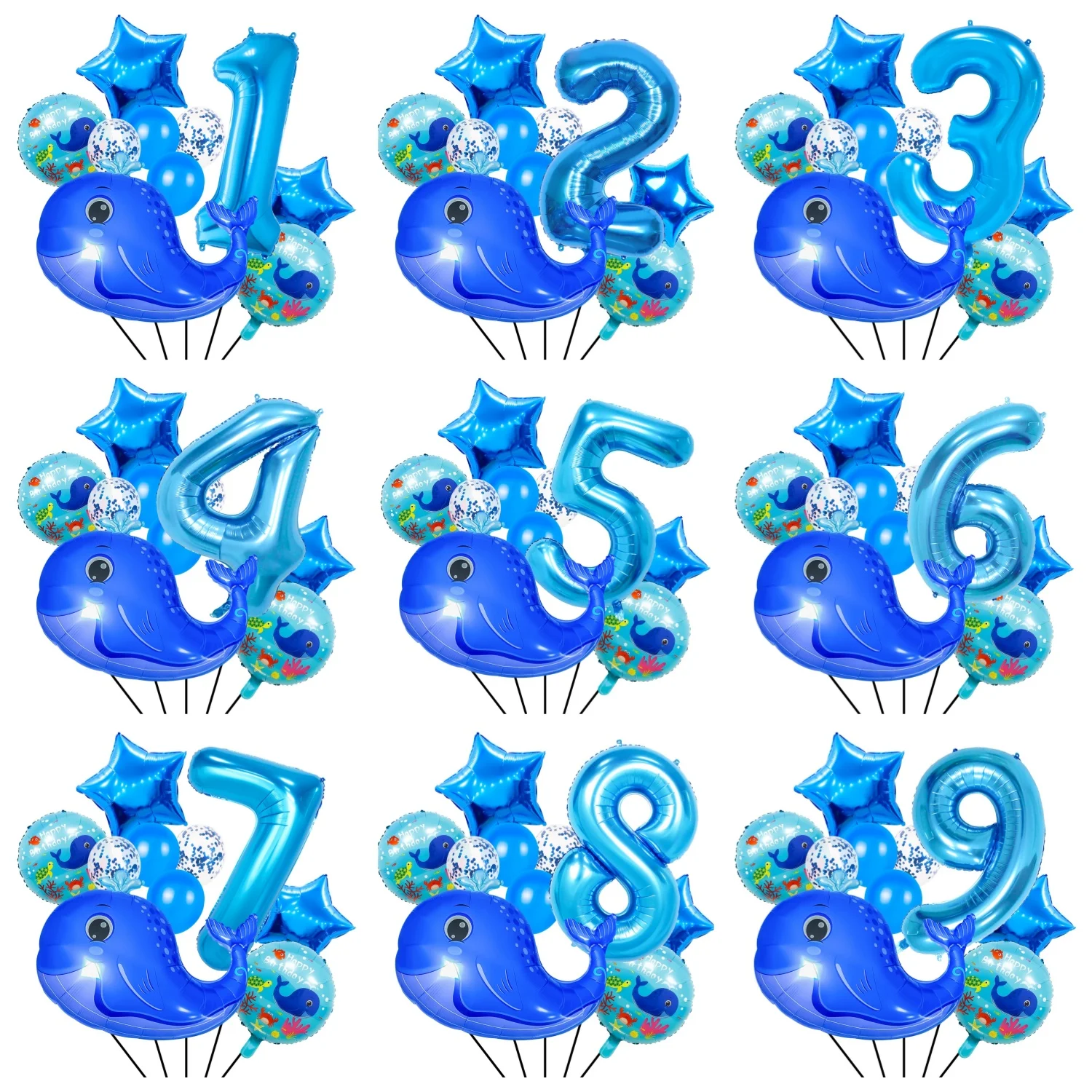 Wal-Ballon-Set mit blauer Zahlen, fünfzackiger Stern-Ballon, Dekorationszubehör für Geburtstagsfeiern