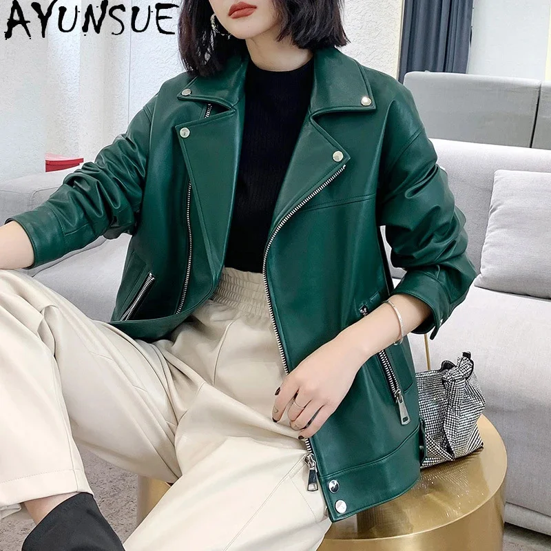 

Popular AYUNSUE Genuine Leather Jacket Women Short Locomotive Zipper Sheepskin Harajuku Fashion Loose Trendy Lederjacke Damen