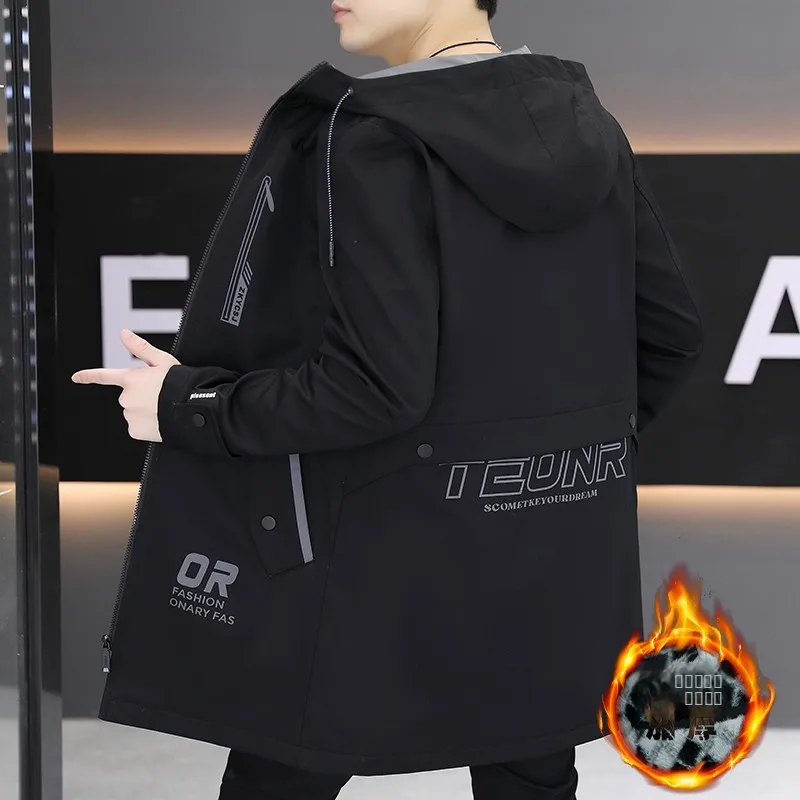 

Casual Hooded Fleece Lined Men's Jacket Autumn Winter Fashion High School Student Stylish Coat Trendy Polyester Fiber Slim Fit