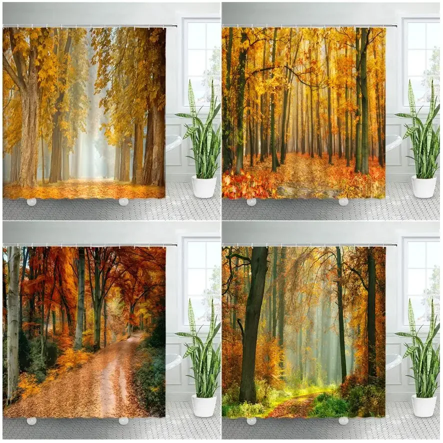 Autumn Forest Landscape Shower Curtain Maple Trees Road Plants Fallen Leaves Rural Scenery Wall Hanging Bathroom Decor Curtains