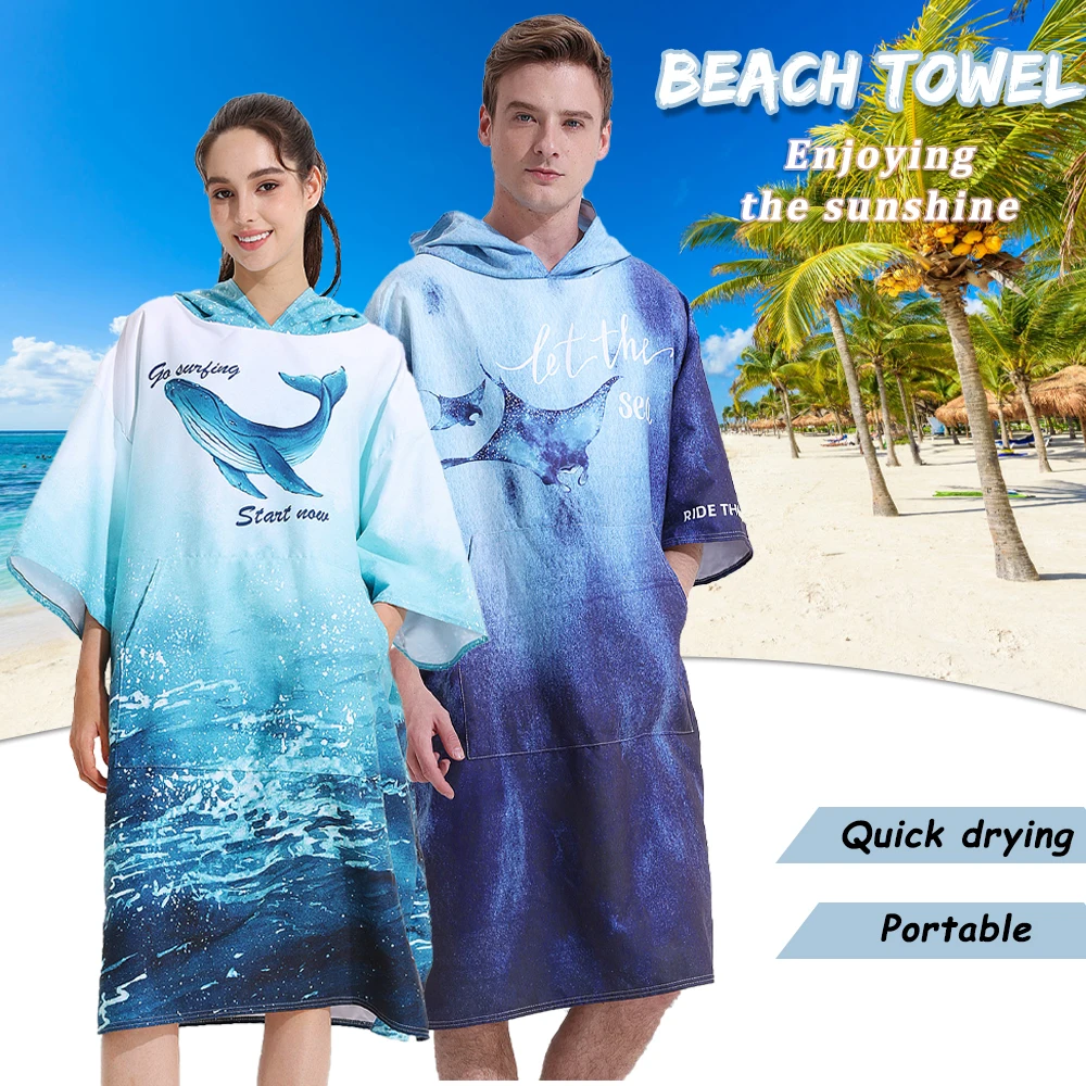 Microfiber Surf Poncho, Changing Bath Robe, Wetsuit Quick Dry Pool Swimming Beach Towel with Hood