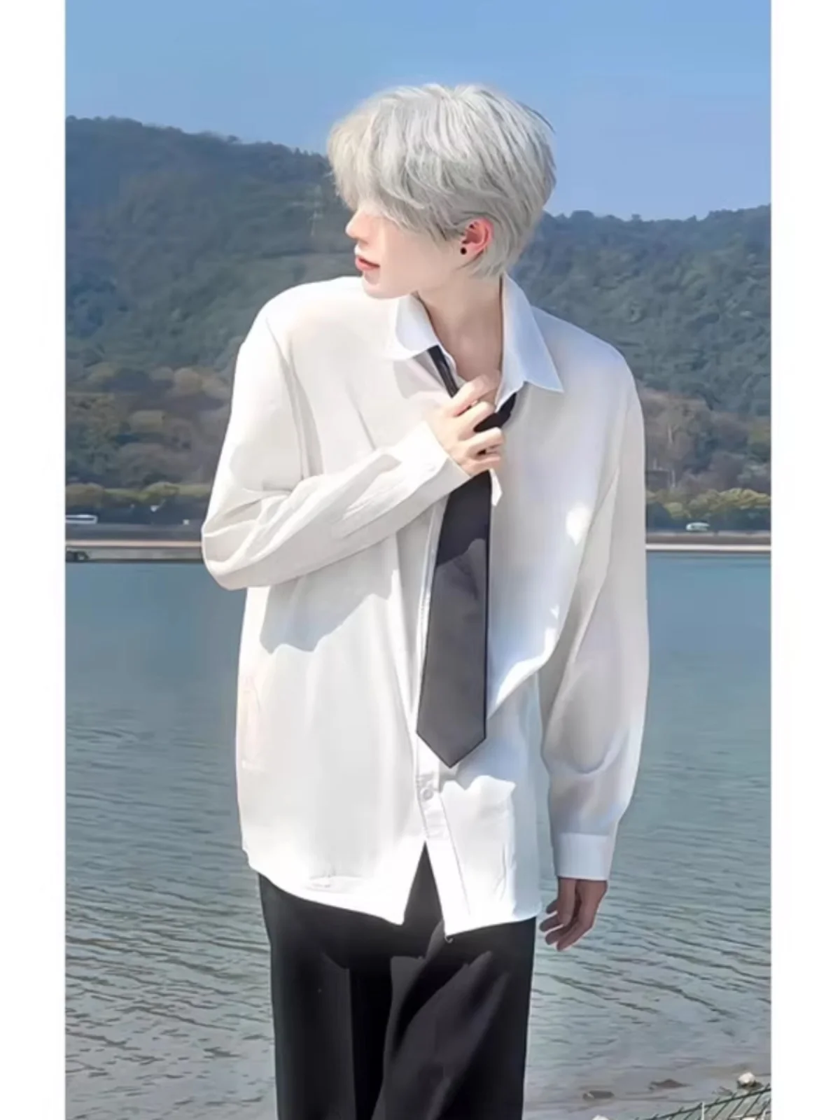 

Sun Protection White irt Men's Loose Fit Summer Faion Youthful Pure Color Long Sve Clean Cut Sle Casual Wear