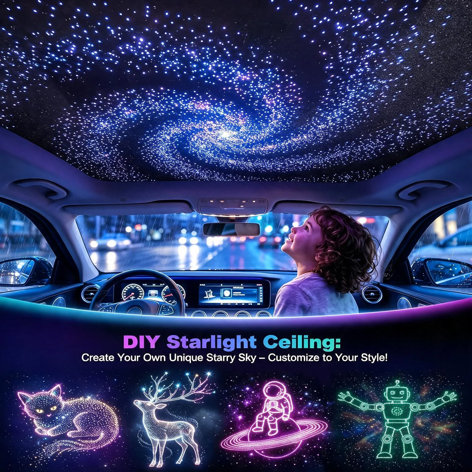 24W RGBW Starlight Headliner Kit, 1200pcs 0.03in Fiber Optic Strands 6.5ft/9.8ft/13.1ft, Twinkle & Meteor Shooting Star Effect, APP & Remote Control, Car Ceiling Interior Light for Vehicle Home Party Decor