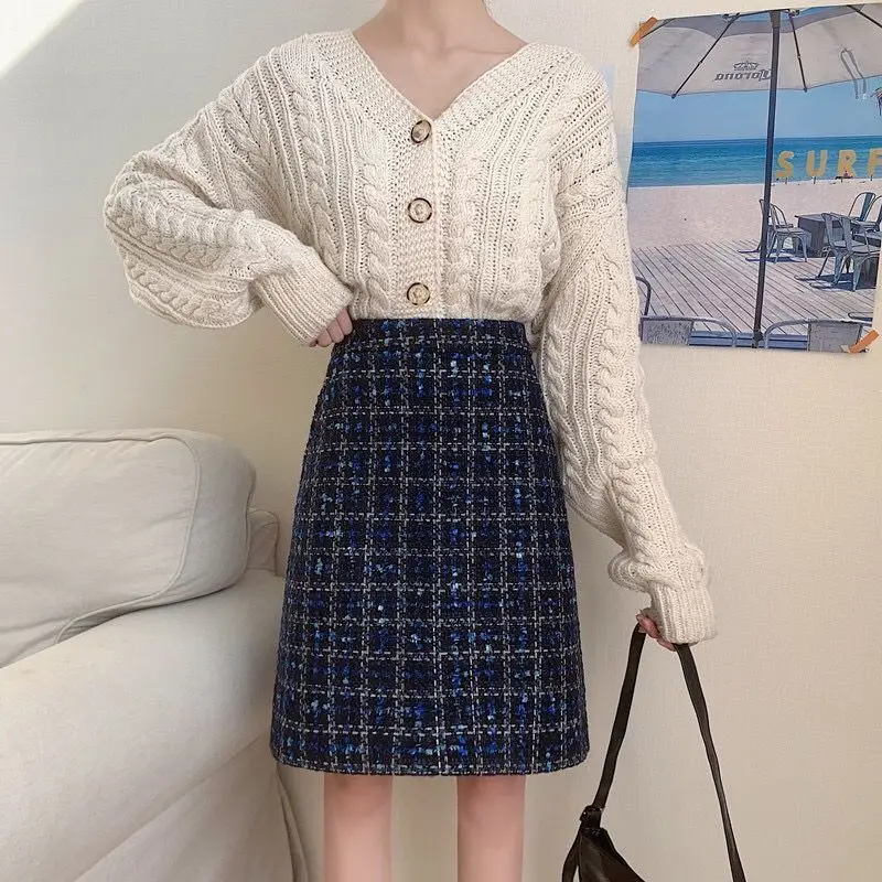 

2024 Autumn Winter New Women Fashion High Waist A-line Skirt Female Midi Long Tweed Skirt Ladies Slim Package Hip Skirts B447