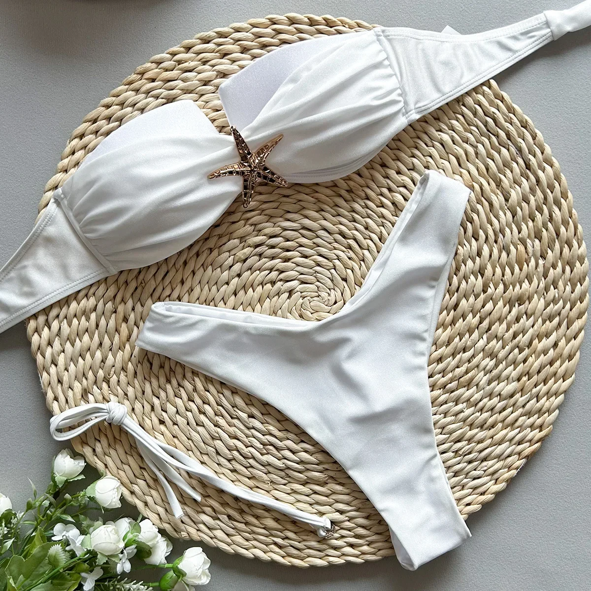 

Новинка 2025 года, бикини с эффектом пуш-ап, сексуальный однотонный купальник с украшением в виде морской звезды, женский мини-купальный костюм, черный, красный, белый купальник, комплекты бикини